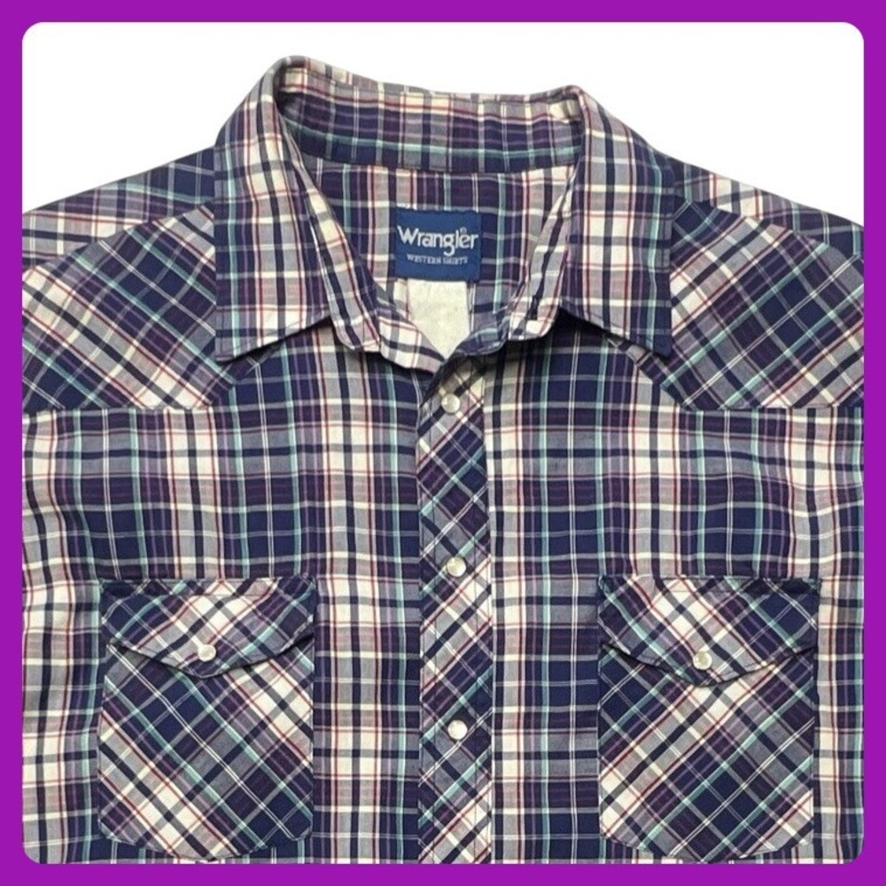 Wrangler Western Shirt Men XXL‎ Purple Plaid Cotton Pearl Snap Work VTG
